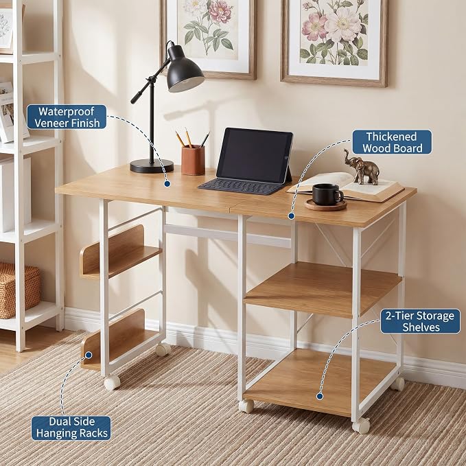 Garvee Folding Desk with Wheels, 31.5" Foldable Computer Desk with Storage Shelf, Space Saving Rolling Home Office Desk for Small Spaces, Portable Writing Table with Side Organizer, Oak - Image 5