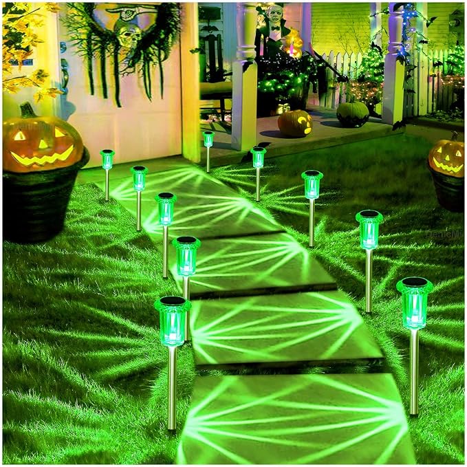 DenicMic Halloween Solar Lights Outdoor Waterproof 10 Pack Halloween Decor | Stake Lights for Yard Pathway Garden Walkway Driveway Patio Lawn, Auto On/Off Green LED Halloween Decorations Outdoor - Image 8