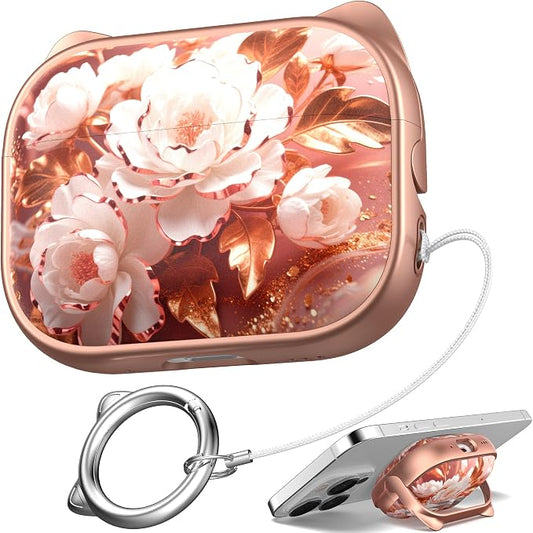 for AirPods Pro 2 Case with Cleaning Kit, Cute Cat Ear Print Design & Cute Buckle for Girls, Phone Holder & Top Safe Lock Buckle Design for AirPods Pro 2nd/1st Gen case, Rose Gold Peony by MHYALUDO