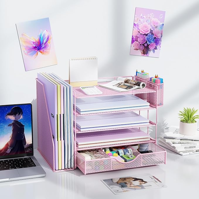 gianotter 5-Tier Desk Organizer with Drawers and File Holders | Letter Trays and Pen Holders - Workspace Accessories for Office Supplies (Pink) - Image 6