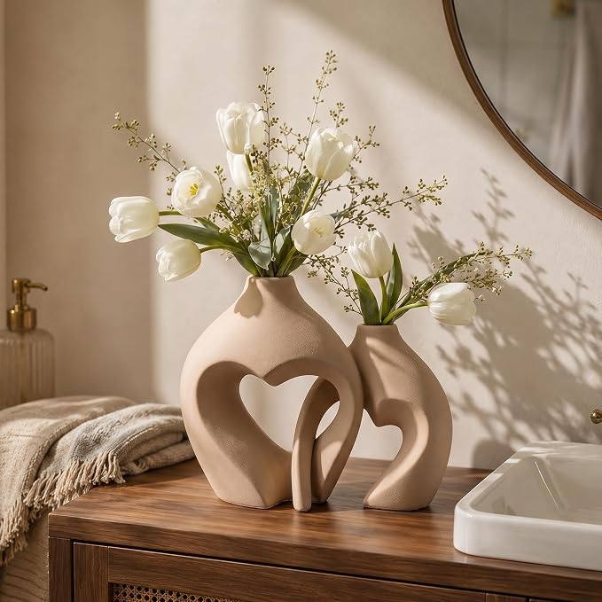 Ceramic Flower Vases Home Decor Heart Shaped Vase Set of 2 | Nordic Heart Shaped Vases Minimalist Decorative Vase for Table Centerpiece Wedding Dining Living Room Office House Decoration - Image 4