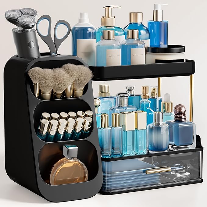 HBlife Bathroom Organizers and Storage with Brush Holder for Vanity, 3 Tier Plastic Makeup Organizer for Dresser Counter, Skincare, Lipstick, Perfume, and Cosmetic Storage, Black by HBlife