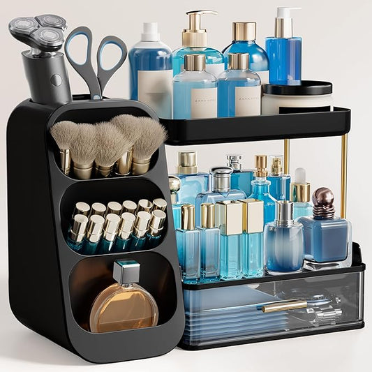 HBlife Bathroom Organizers and Storage with Brush Holder for Vanity, 3 Tier Plastic Makeup Organizer for Dresser Counter, Skincare, Lipstick, Perfume, and Cosmetic Storage, Black by HBlife