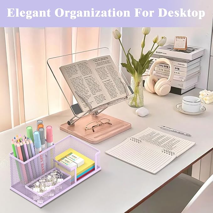 SUPEASY Mesh Pen Holder Desk Organizer, Office Supplies Pencil Storage with 3 Compartments, Office Desk Accessories and Workspace Organizers for Home School Classroom, Purple - Image 3