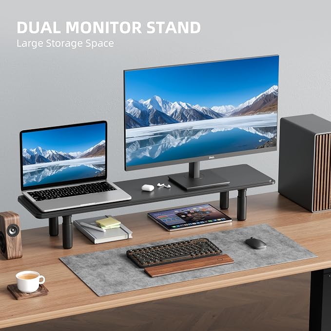 AFOOYO Dual Monitor Stand for Desk, Adjustable Height Wood Computer Riser, Ergonomic Monitor Shelf for Laptop, Printer, TV, Black - Large Storage Space, Sturdy Desk Organizer for Home & Office,Black - Image 2