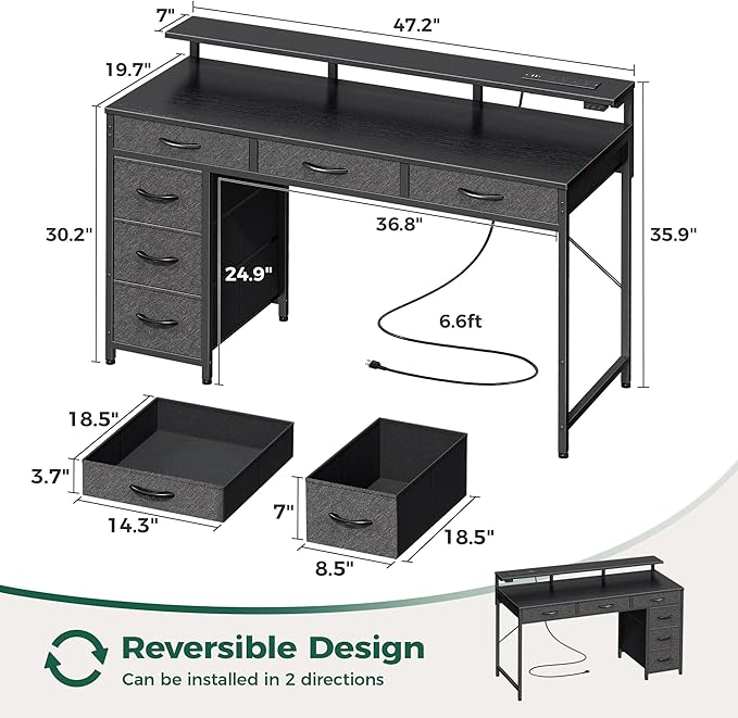 Huuger Gaming Desk with 6 Drawers, Computer Desk with LED Lights Power Outlets and Type-C, 47 Inch Office Desk with Storage, Monitor Stand, Writing Desk Work Desk Home Office, Bedroom, Black - Image 3