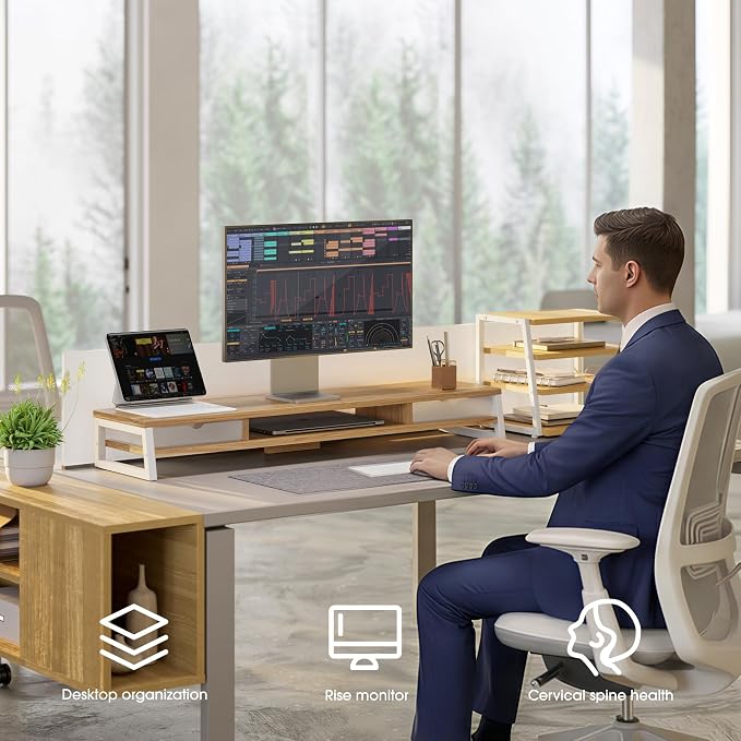 Fenge Dual Monitor Stand, Monitor Riser with Drawer, 42.5 Inch Large Computer Monitor Stand for 2 Monitors, 2 Tier Wooden Desk Shelf for Top of Desk - Image 2