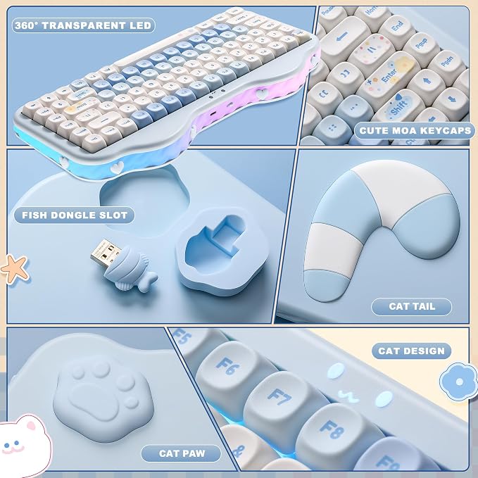YUNZII C75 Cute 75% Wireless Mechanical Keyboard (Blue, Milk V2 Switch) | Creamy Cake Keyboard, BT5.0/2.4G/USB-C, Hot-Swap, NKRO, PBT MOA Keycaps,5500mAh RGB Gasket Mount for Mac/Win/Gaming/Office - Image 8