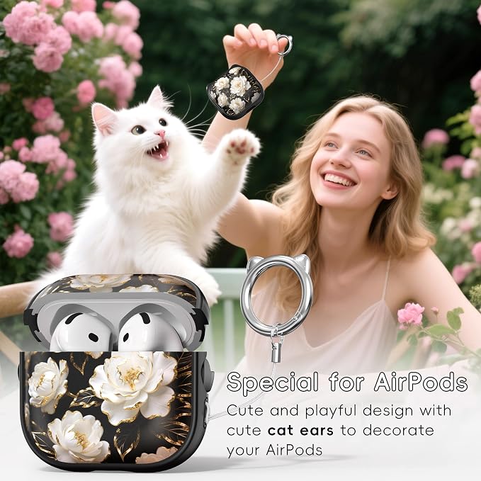 for AirPods 4 Case with Cleaning Kit, Cute Cat Ear Print Design & Cute Buckle, Inverted Phone Holder Design, Top Safe Lock Buckle Design, for Girls AirPods 4 case 2024, Black Peony - Image 3