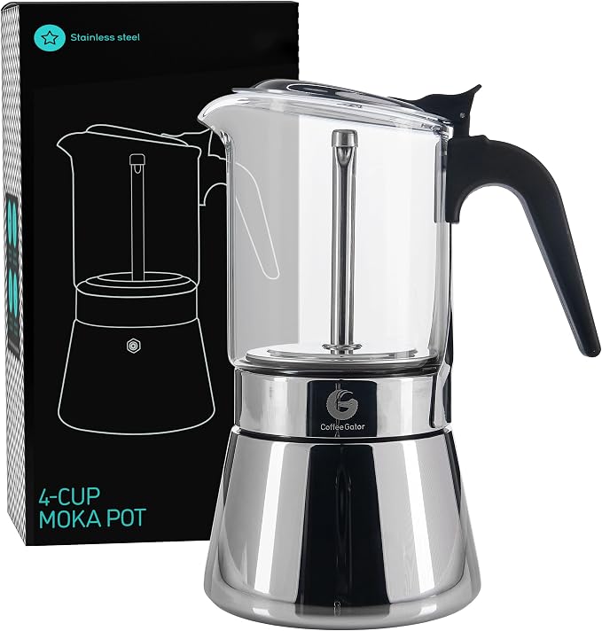 Coffee Gator 4 Cup Moka Pot, 6.7oz Stovetop Espresso Maker for Italian Coffee, Transparent Glass & Stainless Steel Design, Silver, 200ml by CoffeeGator