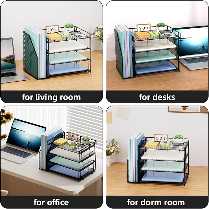 Marbrasse 4-Tier Paper Tray Organizer with File Holder, Black | Sturdy Paper Tray, Built-in File Holder, fits Letters/Docs, Saves Desk Space, for School/Office/Home - Image 6