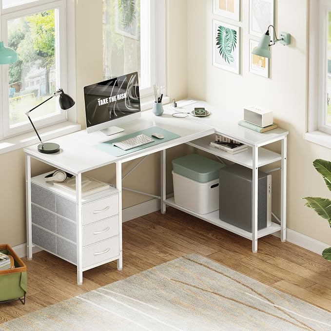 Huuger L Shaped Office Desk with Power Outlets, 47 Inch Computer Desk with 3 Drawers, Shelves, for Gaming, Corner Work, Home Office, Study, White - Image 2