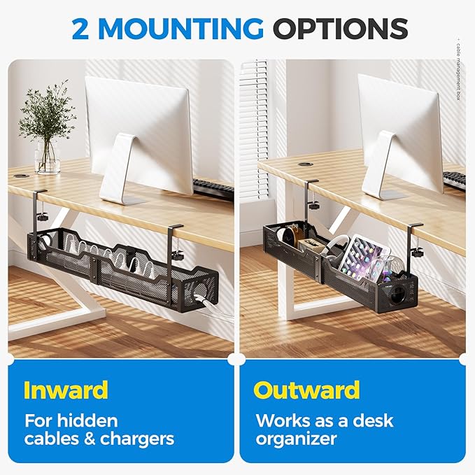 [Upgraded] 25" Extra Large Under Desk Cable Management, Cinati Wire Organizers No Drill, Cable Tray with Clamp for Wire Management, Cord Organization Box for Office, Home - No Damage to Desk(Black) - Image 6