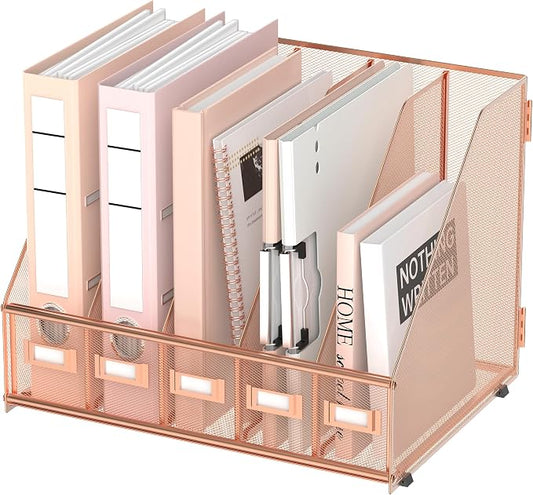 SUPEASY Desk Organizers Metal Desk Magazine File Holder with 5 Vertical Compartments Rack File Organizer for Office Desktop, Home Workspace, Rose Gold, Plus by SUPEASY