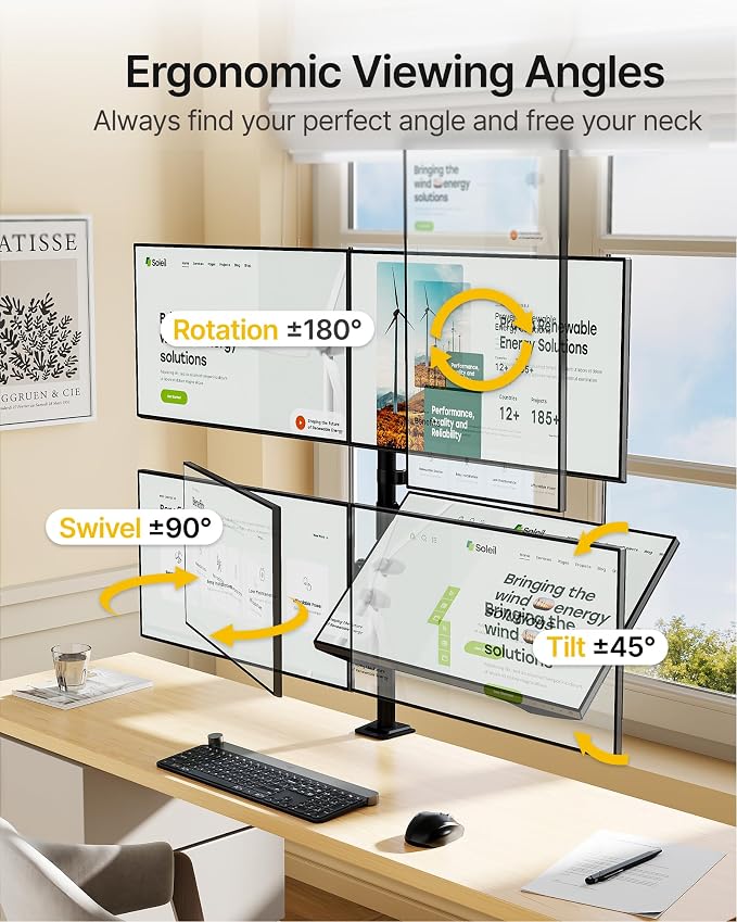 monTEK Quad Monitor Stand for Four 17-32" Screens, 22 lbs Each | Four-screen desk mount, height adjustment, tilt, swivel, rotation, clamp/grommet bases and VESA 75/100 - Image 4