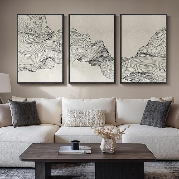 Large Framed Black and Beige Neutral Abstract Wall Art for Living Room, 3 Piece Modern Canvas Prints Paintings Artwork for Walls, Minimalist Lines Pictures for Hallway Stair Office Wall Decor 24x36 In by Cuspin
