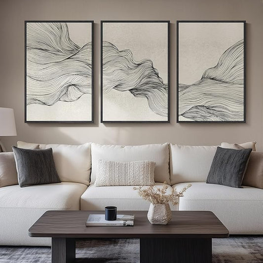 Large Framed Black and Beige Neutral Abstract Wall Art for Living Room, 3 Piece Modern Canvas Prints Paintings Artwork for Walls, Minimalist Lines Pictures for Hallway Stair Office Wall Decor 24x36 In by Cuspin