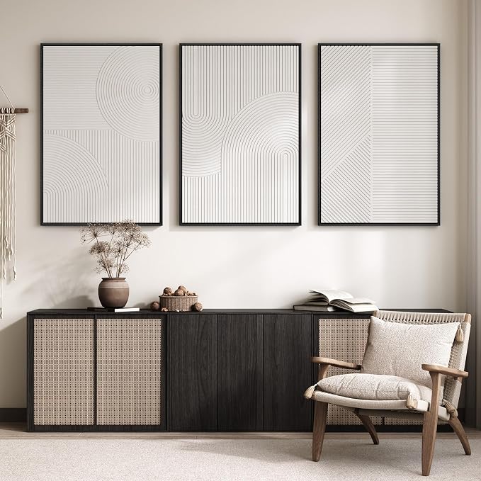 Large Framed 3D Textured Abstract Wall Art for Living Room, 3 Piece Modern White Geometric Pictures Wall Decor, Minimalist Line Paintings for Bedroom Dining Room Hallway Office 24x36 In - Image 2