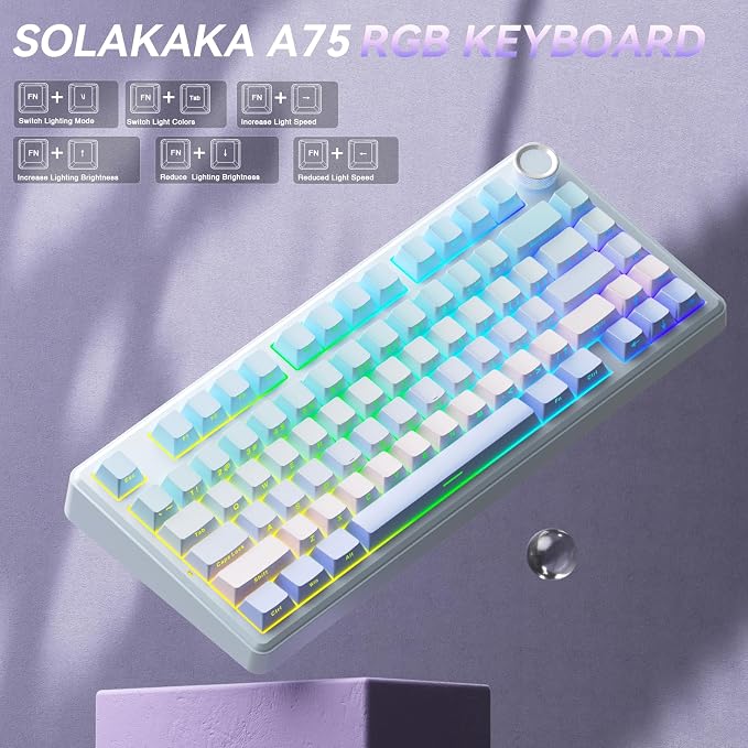 SOLAKAKA A75 Wireless Mechanical Keyboard, Hot Swappable Gaming Keyboard with RGB Backlit, Multifunction Knob, Gasket Mounted Creamy Keyboard, BT5.0/2.4GHz/USB-C, 75% Compact Layout for Win/Mac/PC - Image 7