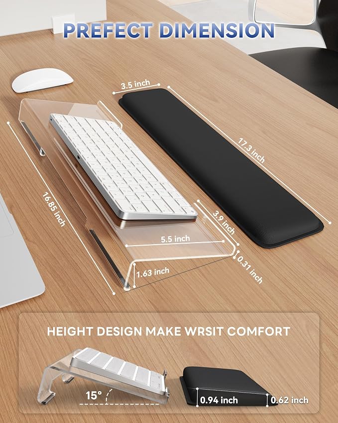 Laborio Computer Keyboard Wrist Rest, Keyboard Riser Stand for Desktop | Clear, Ergonomic Acrylic Keyboard Holder, Non-slip Wrist Pad, Pain Relief for Typing, Multiple Colors - Image 3