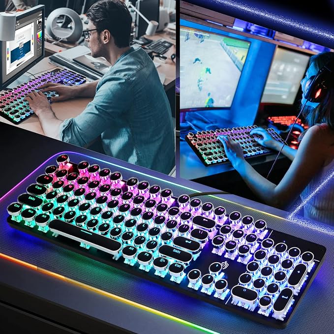 YSCP Typewriter Style Mechanical Gaming Keyboard RGB Backlit Wired with Blue Switch Retro Round Keycap 104 Keys Keyboard (R-Black) - Image 7