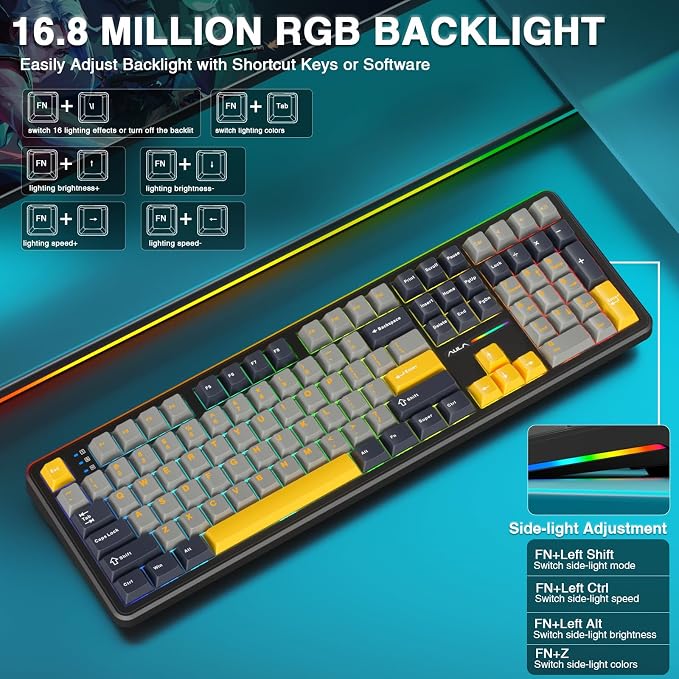 AULA F108 Wireless Mechanical Keyboard, BT5.0/USB-C/2.4GHz Hot Swappable Custom Gaming Keyboards, PBT Keycaps, Pre-lubed Switches, RGB Backlit Full Size Creamy Keyboard with Number Pad, 108 Keys - Image 4