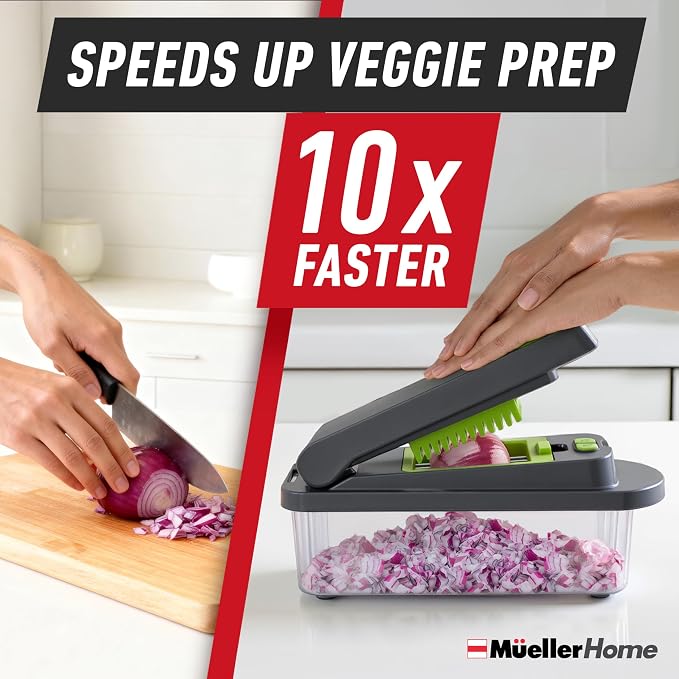 MUELLER HOME Pro-Series 10-in-1 Vegetable Chopper with Container, 8 Blade | Fruit Cutter, Dicer, Tomato Slicer, French Fry Cutter Potato Slicer, Salad Chopper, Gray/Green - Image 3
