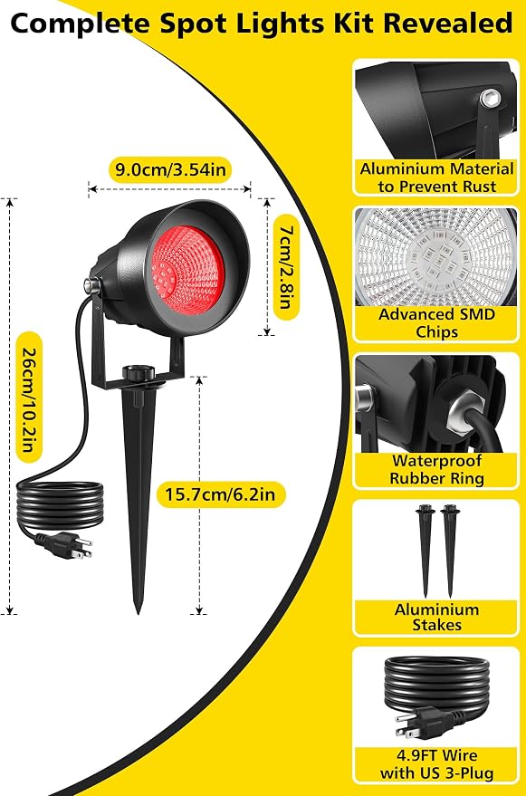 T-SUN Red Spotlight Outdoor, Waterproof LED Landscape Lighting with US Plug, Easy Install 270° Adjustable Outdoor Spot Lights for Garden Tree Yard Decor, Set of 2 - Image 3