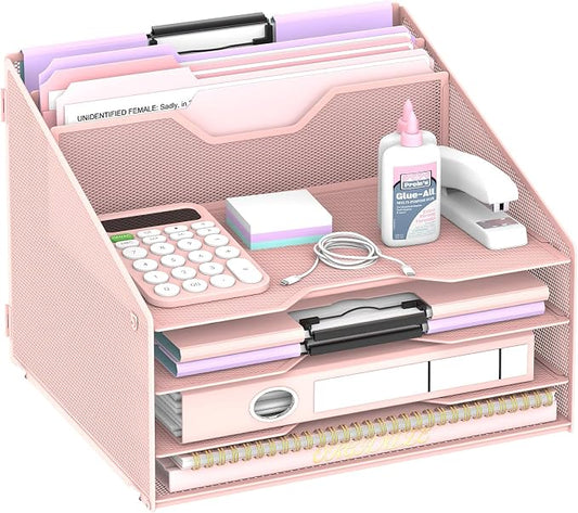 Desk File Organizer, 4 Letter Trays and 2 Upright Sections, Pink | Paper Organizer for Desk with Tiered Letter Trays and Vertical File Holders for Home Office, School and Workspace Use by Unknown
