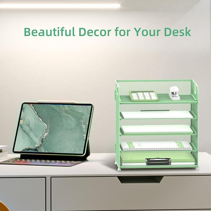 Supeasy 5 Trays Paper Organizer Letter Tray with Handle-Mesh Desk File Holders, Paper Sorter Desk Organizer for Office, Home, Classroom or School(Mint Green) - Image 5