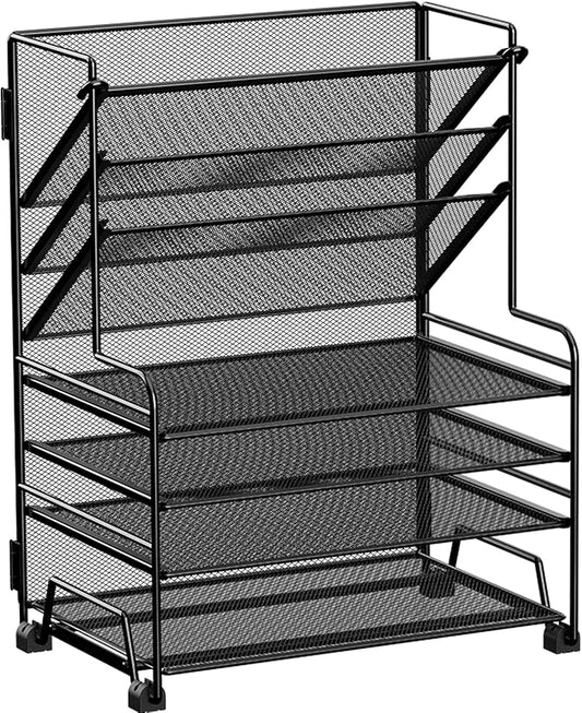 MINDEPOT 4-Tier Paper Organizer + 3-Pocket File Holder + Drawer + Pen Holders, Desktop File Organizers Paper Tray for Office Supplies School Classroom Organization (Black, No Drawer & Pen Holder) by MINDEPOT