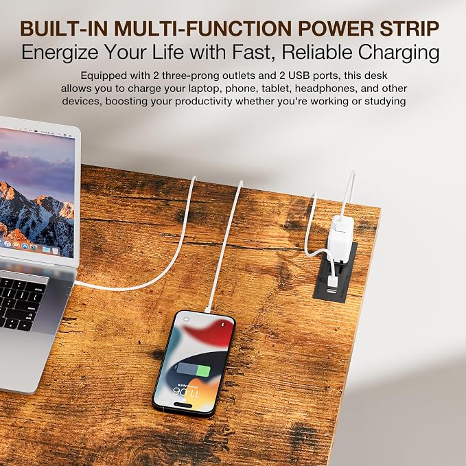 1TEMI Long Computer Desk Folding Table - No Assembly, Compact 55.1" Foldable Desk with Power Outlets & USB Charging Port, Portable Lagre Office Desk, Ideal Large Study Table for Narrow Spaces, Brown - Image 7