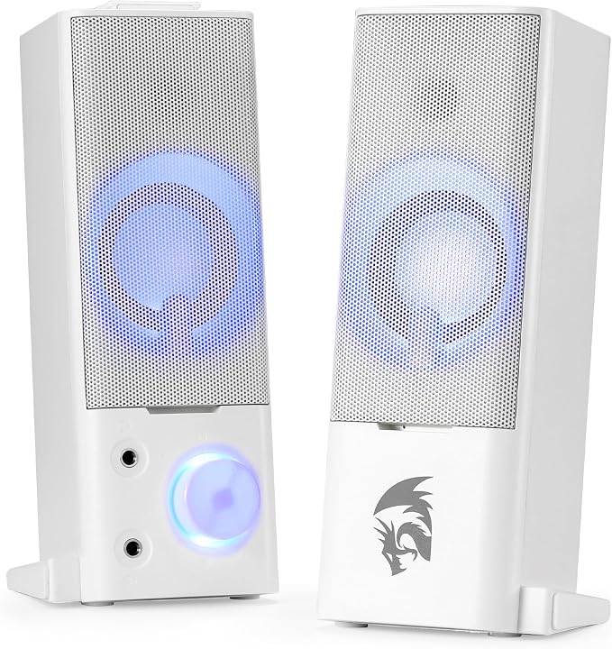 Redragon GS550 PC Gaming Speakers 2.0 Channel Stereo Enhanced Sound, White | Compact Maneuverable Size, Headphone Jack, Decent Red Backlight, Plug & Play USB Powered Desktop Computer Speaker by REDRAGON