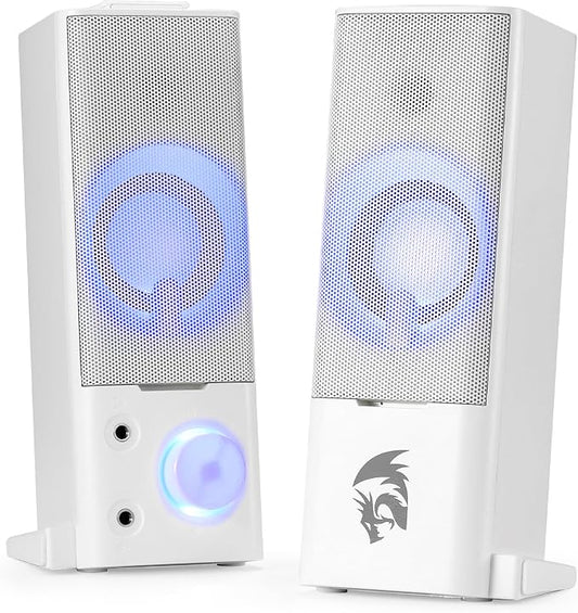 Redragon GS550 PC Gaming Speakers 2.0 Channel Stereo Enhanced Sound, White | Compact Maneuverable Size, Headphone Jack, Decent Red Backlight, Plug & Play USB Powered Desktop Computer Speaker by REDRAGON