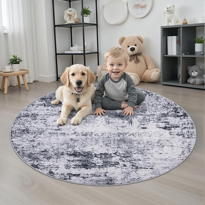 Round Area Rug for Living Room: 5 ft Washable Modern Abstract Soft Thin Rug Indoor Floor No Slip Stain Resistant Carpet for Bedroom Dining Room Farmhouse Nursery Home Office - Grey - Image 2