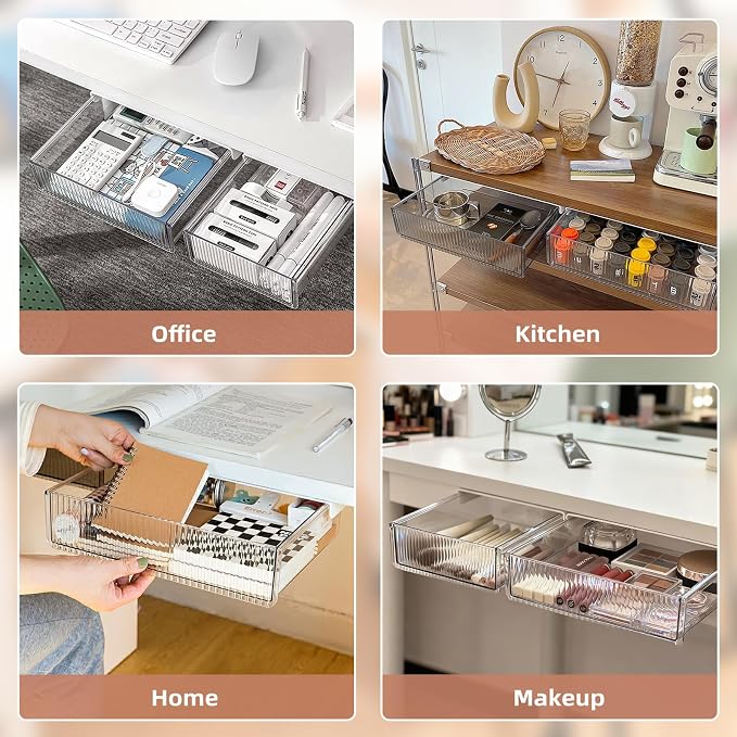 2Pcs Under Desk Storage Drawers Slide Out,Large&Medium,Stick On Drawers,Under Desk Organizer Hidden Under Table Drawer for Home Office School Organization and Storage-Clear White - Image 7