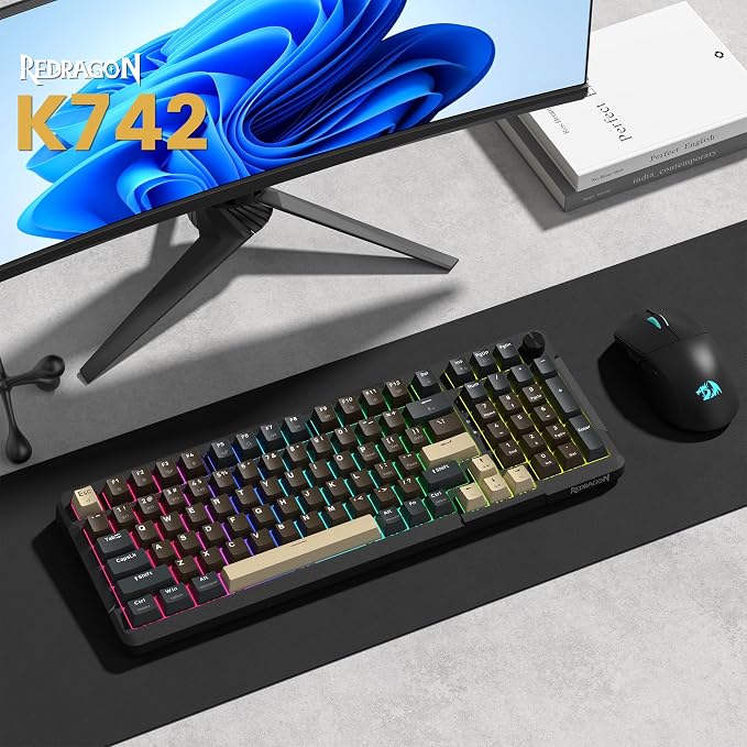 Redragon K742 Wireless Mechanical Gaming Keyboard with Knob, Bluetooth 5.0/2.4GHz/USB C Wired Creamy Keyboard with Number Pad for PC Computer, RGB Backlits, Hot-Swappable with Linear Switches (Brown) - Image 9