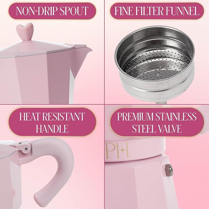 Paris Hilton Stovetop Espresso and Coffee Maker, Italian & Cuban Style Coffee Pot with Iconic Heart Knob, Perfect for Rich Aromatic Espresso, Makes up to 6 Espresso Cups, Pink - Image 4