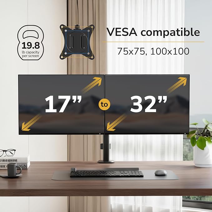Mount-It Dual Monitor Arm, Desk Mount for 2 Screens 13-32 in, Steel | Holds up to 19.8 lbs Each, Full Motion Tilt Swivel Rotate, VESA 75x75 100x100, Cable Management, C-Clamp or Grommet, Black - Image 7