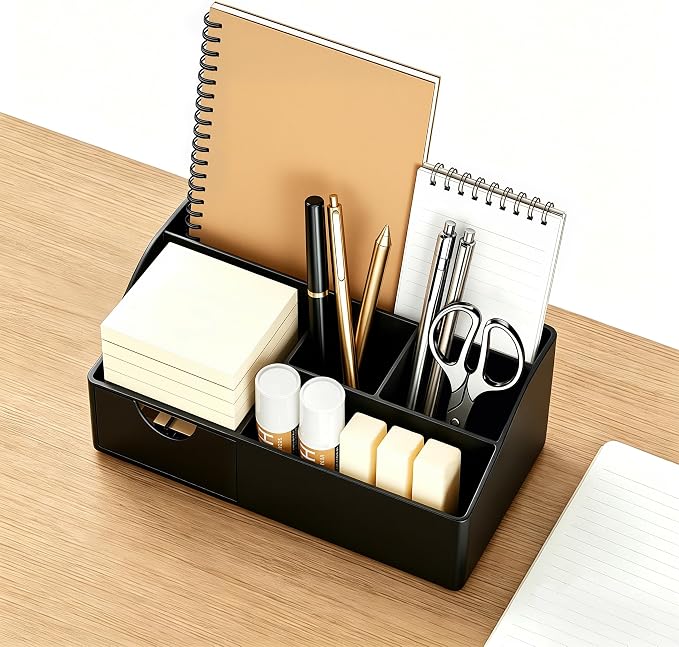 HBlife Acrylic Desk Organizer with Drawer, Pen & Pencil Holder, Multifunctional Desktop Caddy for Office Supply and Organization (Black) - Image 2