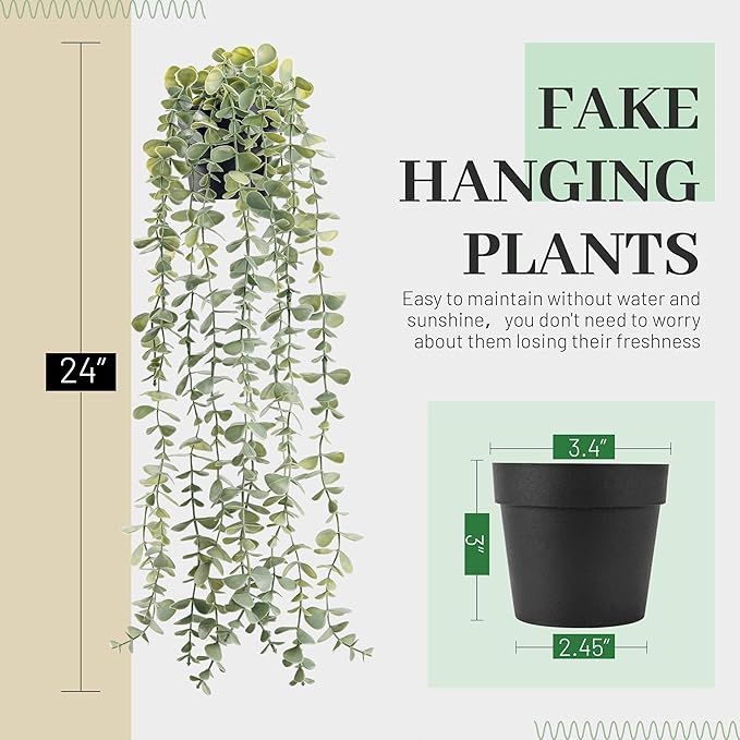 Der Rose 1Pcs Fake Plants Hanging Artificial Potted Faux Eucalyptus Plants for Modern Boho Farmhouse Bathroom Office Desk Wall Art Shelf Living Room Aesthetic Decor Indoor - Image 3