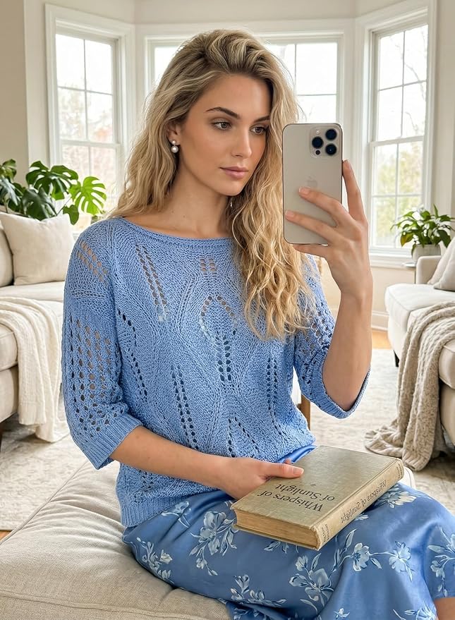 EVALESS Womens Crochet Hollow Out Knit Tops Half Sleeve Spring Summer Sweaters Beach Cover Ups for Women Trendy 2026 - Image 2