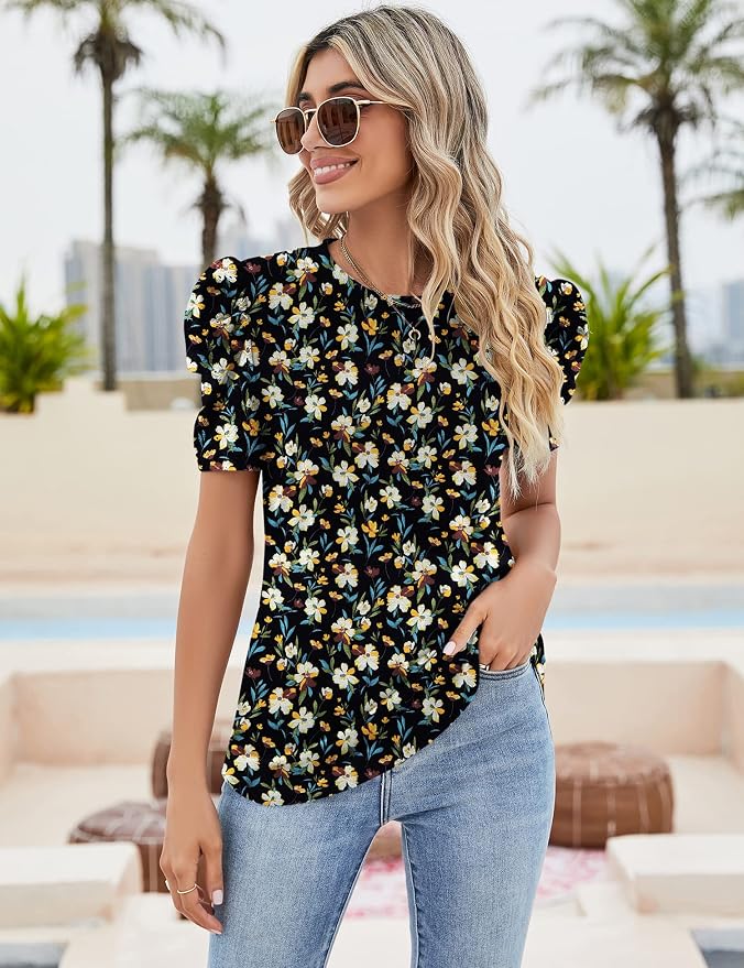 Ivicoer Puff Short Sleeve Shirt for Women Eyelet Tops Summer Crewneck Blouse Loose Fit S-XXL - Image 3