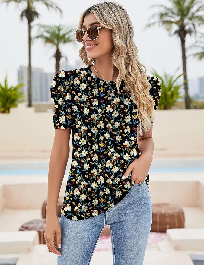 Ivicoer Puff Short Sleeve Shirt for Women Eyelet Tops Summer Crewneck Blouse Loose Fit S-XXL - Image 3