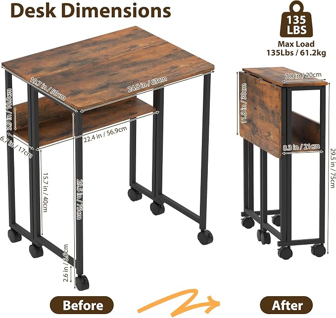 Folding Desk Small Rolling Desk with Storage Shelf,24.8 Inch Foldable Computer Table with Wheels,Portable Office Desk for Small Space Sofa Table,Easy to Fold,Writing Work Office Computer Desk,Walnut - Image 2