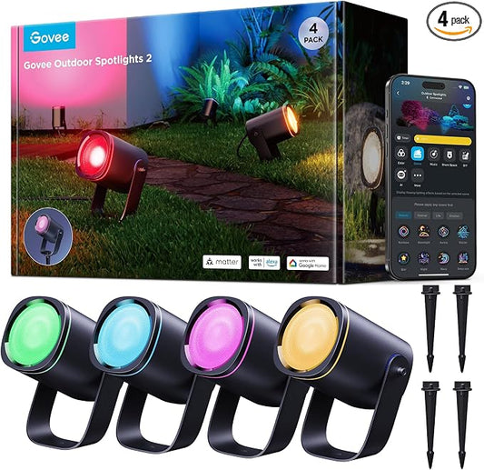 Govee Outdoor Spot Lights 2, IP67 Waterproof Spotlights, RGBWIC, 4 Pack | Landscape Lights Work with Matter, Alexa, and Google Assistant, Color Changing Ourdoor Light for Patio, Yard, Garden by Unknown