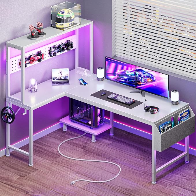 PRAISUN L Shaped Gaming Desk with LED Lights & Power Outlets, Reversible Computer Desk with Storage Shelves & Bag, Large Corner Home Office Desk with Pegboard for Work from Home, White by PRAISUN