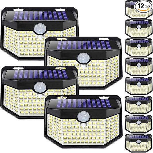 HMCITY 120 LED Outdoor Solar Lights with Motion Sensor and 3 Lighting Modes, IP65 Waterproof Wide Solar Wall Lights Ideal for Garden Patio Yard (Front Button 12Packs, Black Shell-Daylight White) by LightingUpYourLife