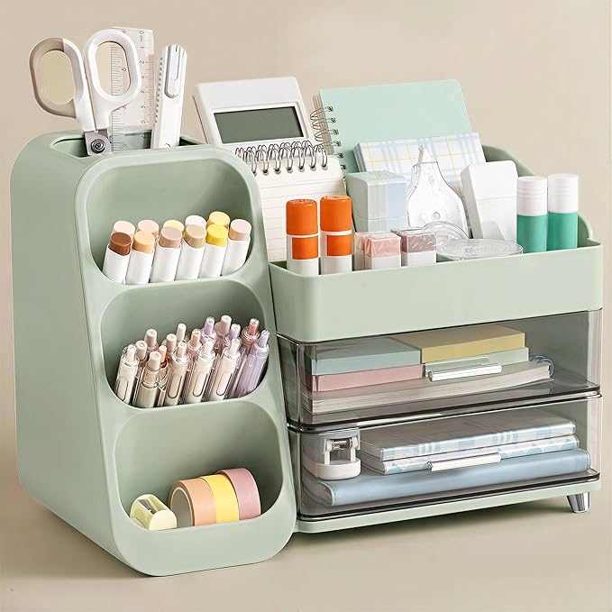 HBlife Desk Organizer with Pen Pencil Holder for Desk, Pen Organizer with 2 Drawers, Desk Organizers and Accessories with 4 Compartments, Desktop Storage for Office Home School Art Supplies, Green by HBlife