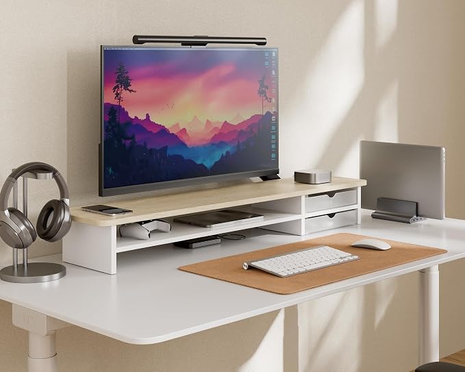 Fenge Monitor Stand, Dual Monitor Riser, 42.5inch Large Desk Computer Monitor Stand Riser with Drawer, 2 Tier Wood & Acrylic Desktop Organizer for Computer, Laptop, Printer, TV Screen Riser - Image 7